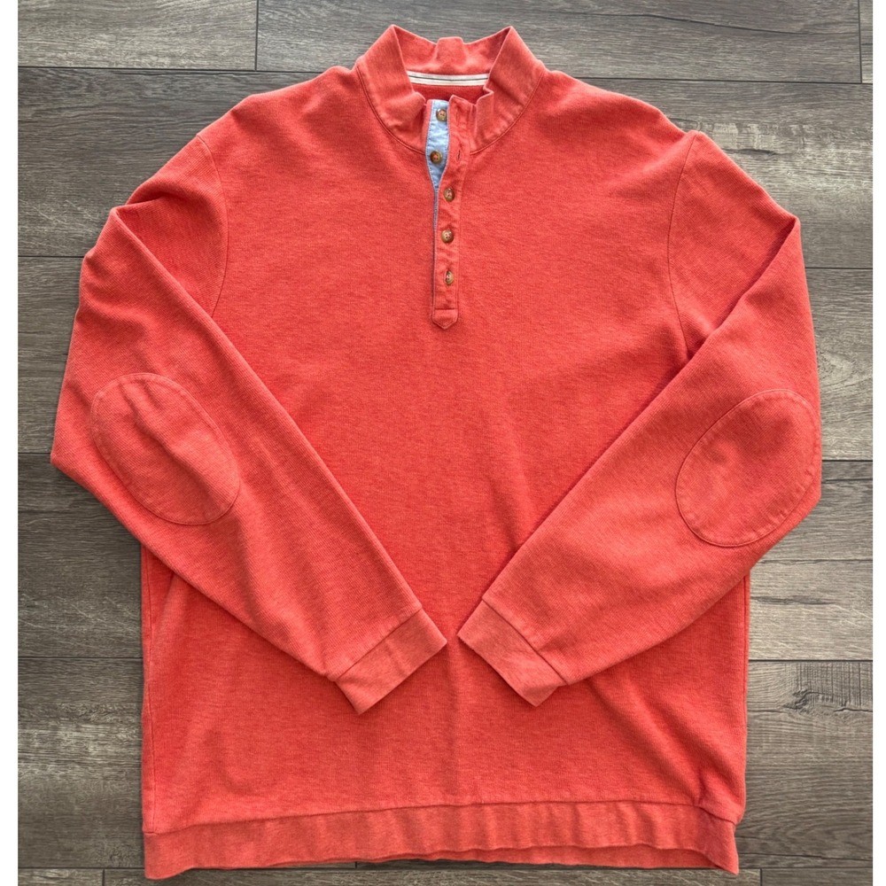 Orvis Mens Button Placket Long-Sleeved Knit Shirt Orange Elbow‎ Patches Large